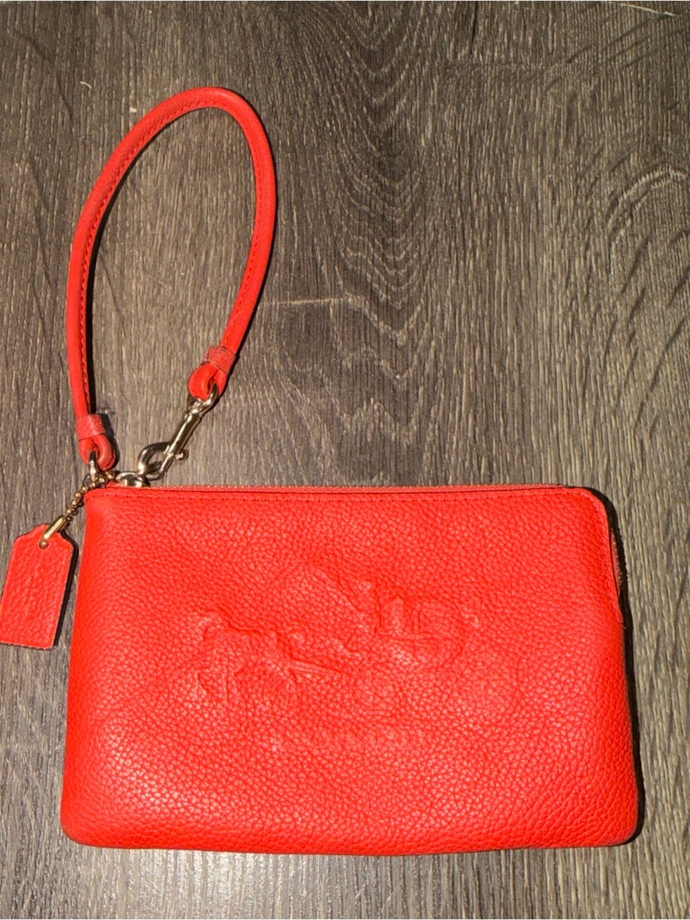 Coach Vtg Orange Wristlet Wallet Pebbles Leather Zip Up Stagecoach Embossed